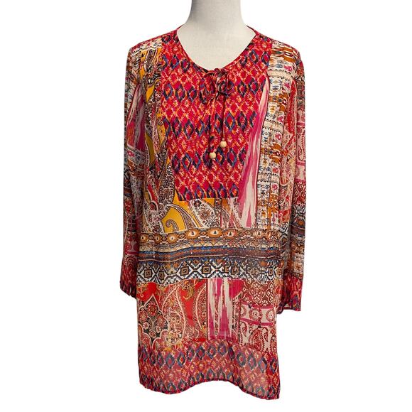 Olive Hill Mixed Tribal Aztec Print Top Womens Medium Red Multicolor Sheer Tunic - Picture 1 of 8
